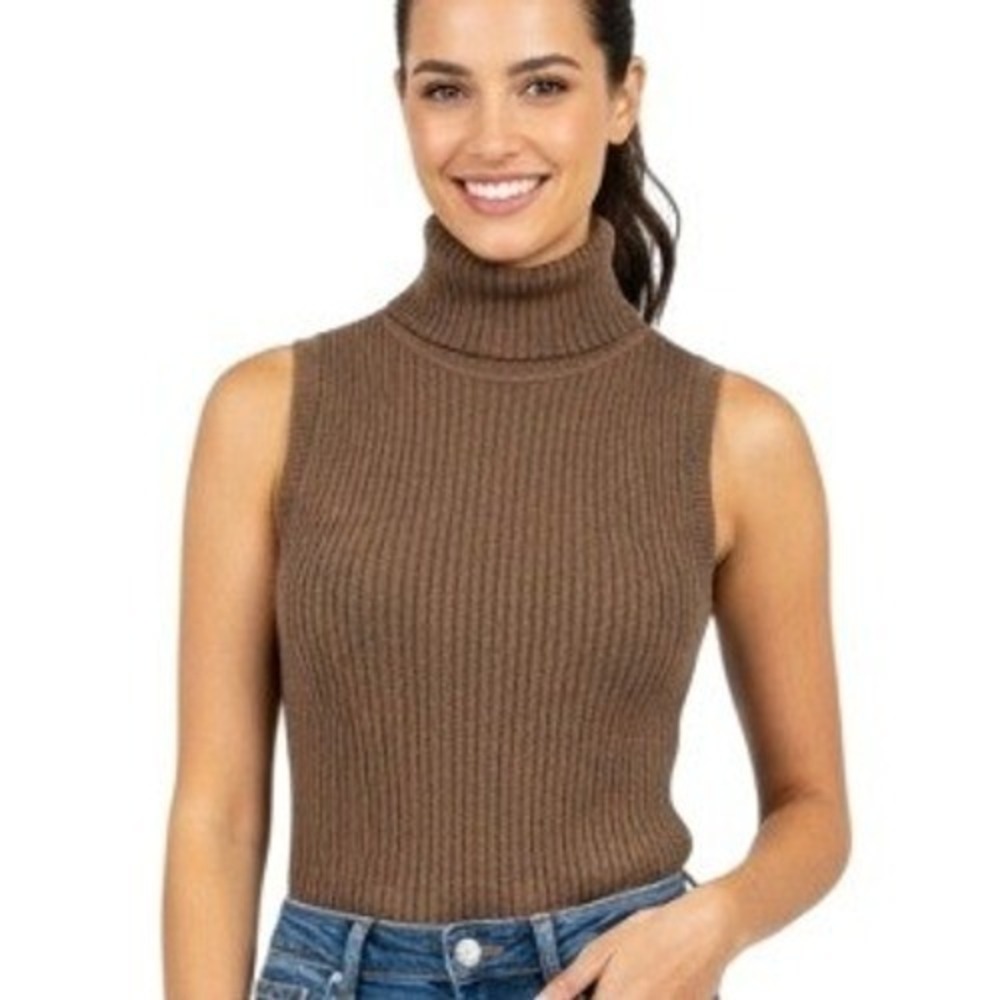 Everlane Bodysuit Womens XS Brown Sleeveless Turtleneck Wool Blend Knit Stretch